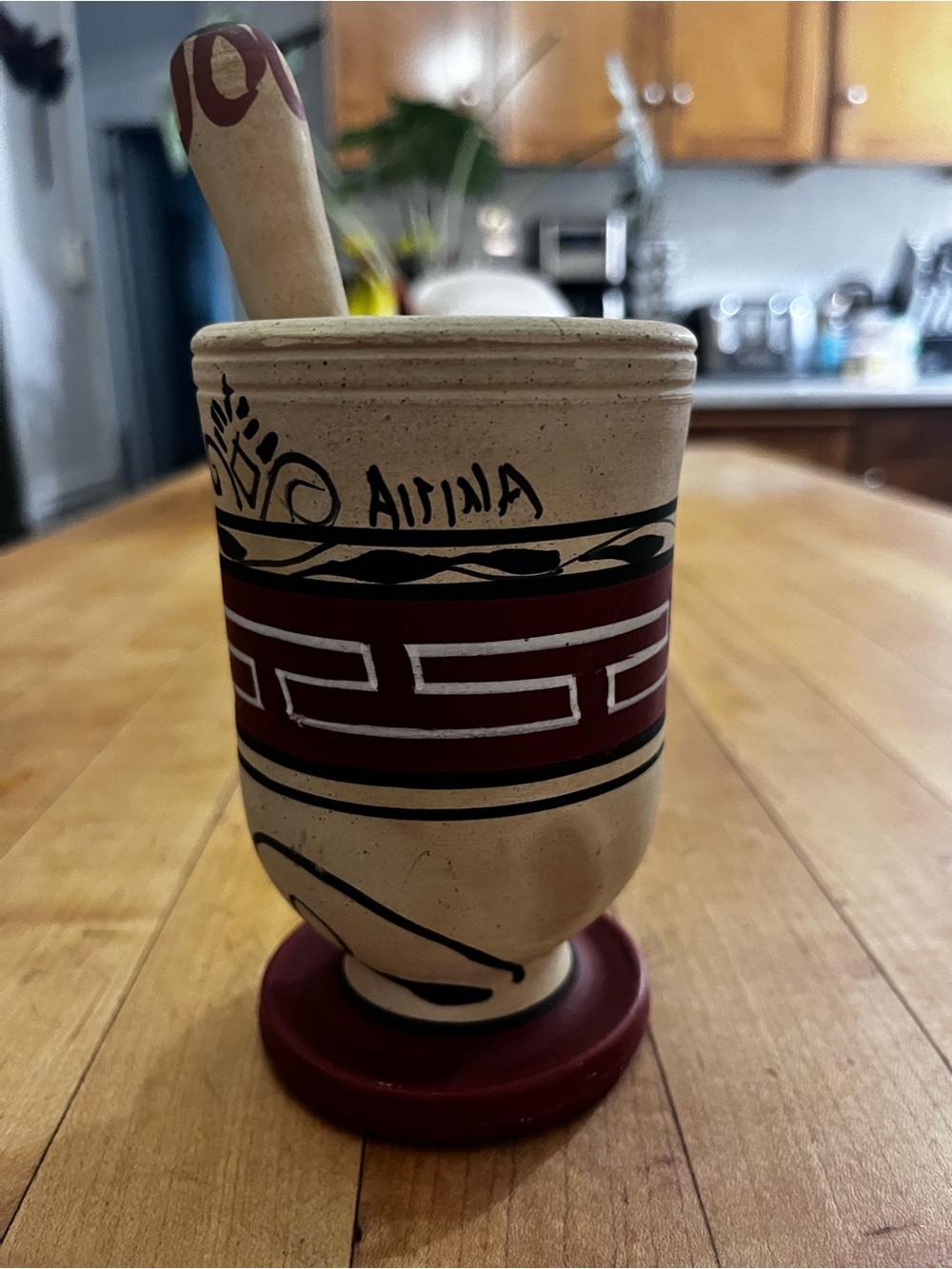 Vintage Puerto Rico Style Wooden Pilon Mortar Pestle Hand Painted Boricua Kitche